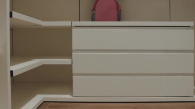 Bu şık minimalist dolap iyi tasarlanmış çekmeceler ve modern iç mekanlar için ideal pembe bir sırt çantası içeriyor.