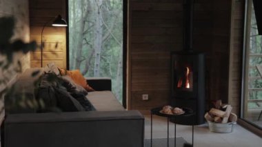 Sıcak bir şöminesi, rahat bir kanepesi ve doğaya bakan geniş pencereleri olan şık bir oturma odası.