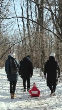 Aileler ve arkadaşlar mutlu bir şekilde taze karda yürürler, etraflarındaki huzurlu kış güzelliğinin tadını çıkarırlar. Dikey video