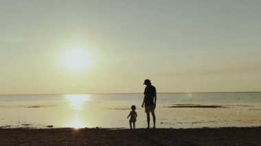 Plajda sakin bir gün batımı. Bir ebeveyn ve çocuk el ele yürüyor. Doğanın tadını çıkarıyor.