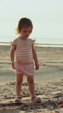 Güzel, sakin bir günbatımında kumlu kumsalda neşeyle gezinen sevimli ve çekici küçük bir çocuk. Dikey video.