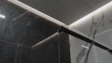 Estetik cazibe için parlak, modern ışıklandırmanın yanında koyu mermer içeren sofistike bir duş köşesi.