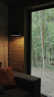 Dikey video. Huzurlu bir kabin içi geniş bir pencereye sahiptir. Yeşillik, canlı bir ormana bakar. Gerçek rahatlama için mükemmeldir.