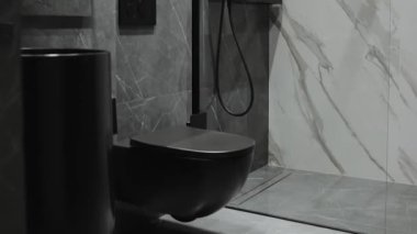 Zarif ve şık bir siyah tuvalet, güzel bir minimalist banyo ortamında bir duşla eşleştirilmiş.