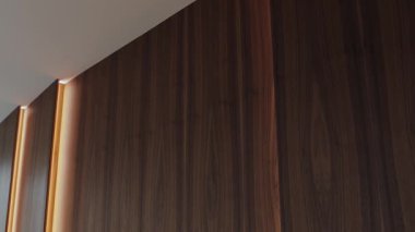 Yumuşak ve sıcak ortam aydınlatmalı zarif bir ahşap duvar tasarımı çağdaş ve şık bir görünüm yaratıyor.