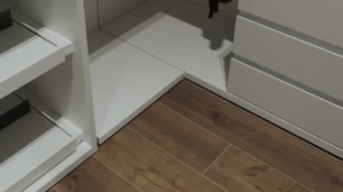 Bu şık dolap düzeninde güzel ahşap döşemeler, parlak ve modern beyaz depolama çözümleri sergileniyor.