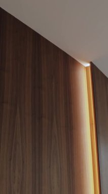 Tahta panel ve Yumuşak Aydınlatma. Lüks Modern Daire İçi. 4k Dikey Video