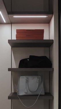  Dikey ekran: Modern çantalar ve şık bir ortamda şık depolama seçenekleri sunan şık ve zarif bir gardırop rafı