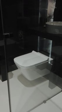  Dikey ekran: Bu şık minimalist banyo bir cam muhafaza ve çağdaş alanlar için modern bir tuvalet tasarımı içeriyor