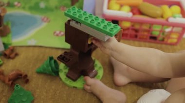 Genç bir çocuk renkli yapı taşları ve doğal temalı oyuncaklarla yaratıcı oyun zamanı ile neşeyle meşgul olur.
