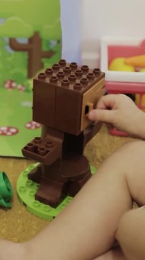 Neşeli bir doğal oyun ortamında renkli yapı taşlarıyla meşgul olan bir çocuk yaratıcılığını ve neşesini artırıyor.