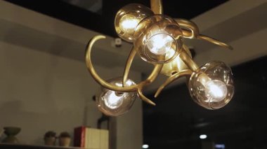 Modern kıvrımlı bir altın avize, birden fazla ampul ve dekorasyon için sanatsal bir yapı içeriyor.