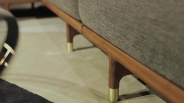 Ahşap tabanlı ve altın işlemeli şık bir kanepe, bacaklarında modern iç mekanı vurgulayan büyük paneller. Modern minimalist oturma odası. Yüksek kalite 4k görüntü