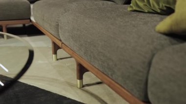 Modern bir kanepe, gri çerçeveli, tahta bacaklı ve altın elementli, modern tasarımın konfor ve estetiğinin mükemmel bir kombinasyonunu gösteren. Yüksek kalite 4k görüntü