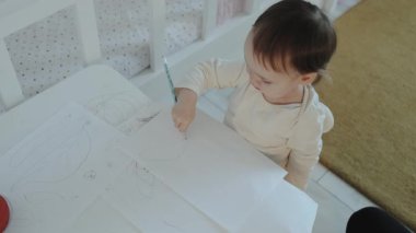 Yeni yürümeye başlayan bir çocuk, yaratıcılığını ve hayal gücünü parlak bir ortamda gösteren beyaz bir kağıtta mutlu renkler çizer.