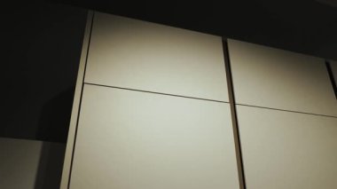 Bir şeyler depolamak için tahta dolap. Kapalı dolap. Zarif tasarım ve zarif çizgiler sergileyen minimalist duvar panellerinin şık ve büyüleyici yakın çekimi. Yüksek kalite 4k görüntü