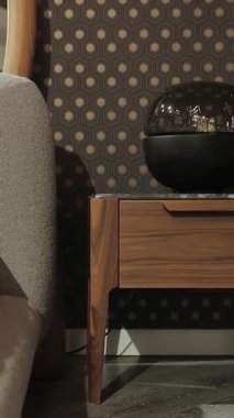 Dikey ekran: Modern yataklı şık bir yatak odası, ahşap bir komodin, şık bir dekor ve sıcak bir atmosfer. Yüksek kalite 4k görüntü