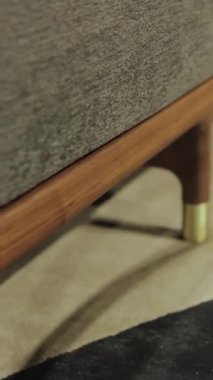 Dikey video. Ahşap tabanlı ve altın işlemeli şık bir kanepe, bacaklarında modern iç mekanı vurgulayan büyük paneller. Modern minimalist oturma odası. Yüksek kalite 4k görüntü