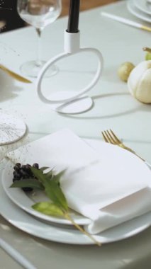 Masada peçete olan beyaz tabak. Dikey video. Güzel bir düğün dekoru, masa düzenlemesi. Klasik tabaklar, bıçak, çatal ve gözlük, ahududu filizleriyle süslenmiş. Yüksek kalite 4k görüntü