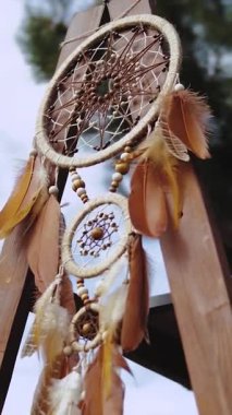 Dikey video. Tahta bir tahtanın üzerinde kahverengi tüyleri olan tahta bir düş kapanı. Rüzgarda sallanan tüyler, ağır çekim. Arka planda çam ağaçları ve bulutlu gökyüzü. Yüksek kalite 4k görüntü