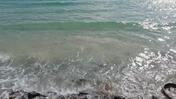 日没の海の波 海の波が海岸の岩に衝突し 水が爆発する ウェーブ伝播 — ストック動画