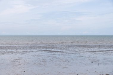 Alçalma dalgaları geniş ıslak kumu ortaya çıkarırken, kıyı şeridinde yumuşak dalgalar dolaşır. Sakin bulutlu bir gökyüzü bu huzurlu sahil bölgesinin sakin atmosferini tamamlıyor..