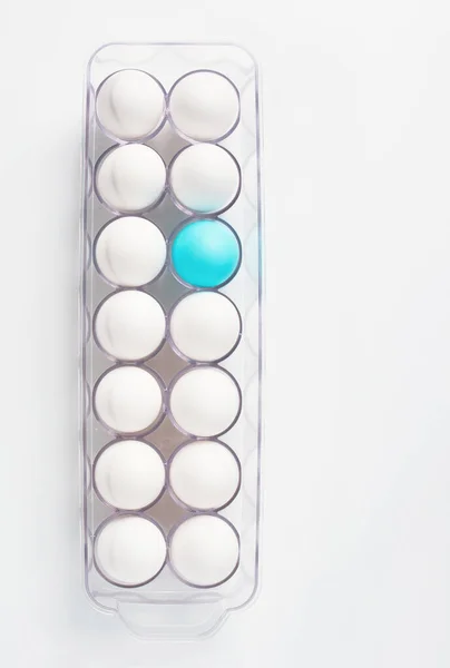 Przezroczysty Pojemnik Białymi Jajami Jednym Niebieskim — Zdjęcie stockowe