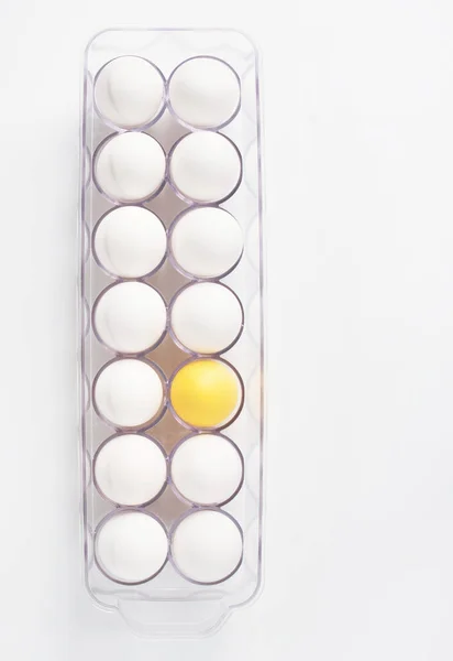Przezroczysty Pojemnik Białe Jaja Jeden Żółty — Zdjęcie stockowe