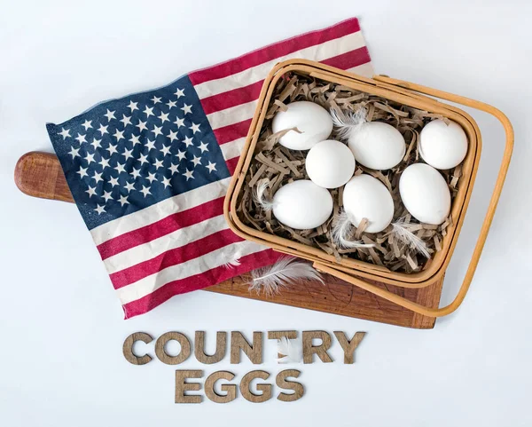 Country Eggs in Basket with American Flag and Words