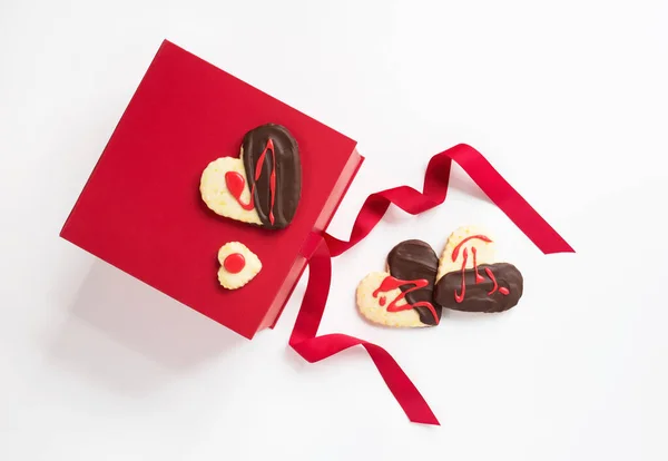 Red Gift Box Chocolate Dipped Heart Cookies Stock Image