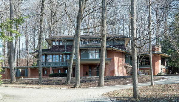 Роскошный дом в стиле ар-деко с голыми деревьями в обветшалой обстановке