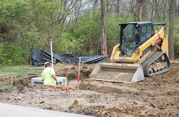Dayton Ohio April 2024 Construction Worker Stands Drainage Trench While Royalty Free Stock Images