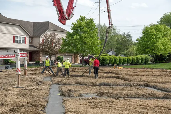 Dayton Ohio May 2024 Construction Worker Directs Concrete Flowing Boom Stock Image