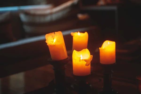 Group Candles Sitting Top Table — Stock Photo, Image