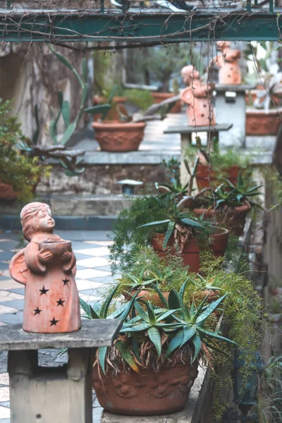 garden with pots of plants and a statues