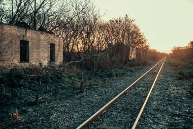 Eski harabe binanın yanında terk edilmiş demiryolu rayları.