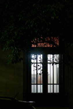 Geceleri ağaç dallarını yansıtan aydınlık pencereler