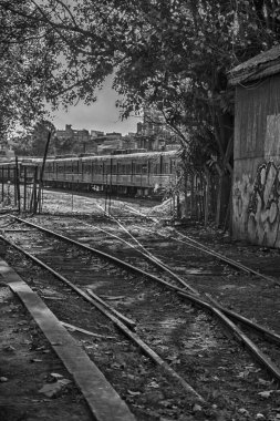 Terk edilmiş tren rayları durgun trene doğru kıvrılıyor.