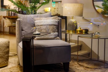 Zarif yan tabloların yanında rahat modern koltuk