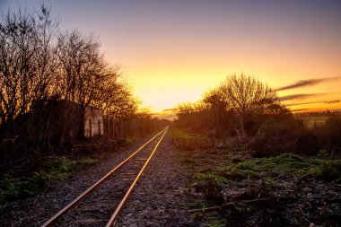 Gün batımına doğru uzanan tren yolları.