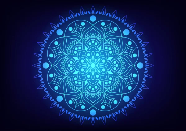 Mandala flower. Circle center light blue neon background. Vintage design.