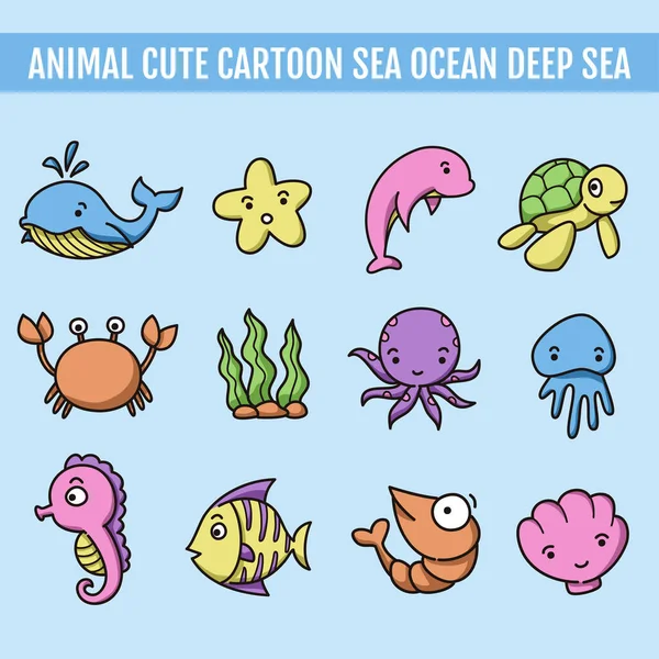 Animal Cute Cartoon Sea Ocean Deep Sea Set Vector Illustration — Stock Vector