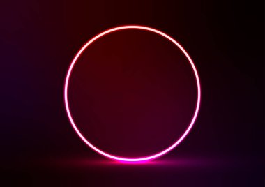 Kırmızı daire dijital teknoloji merkezi neon ışık hattı arkaplanı. vektör illüstrasyonu.