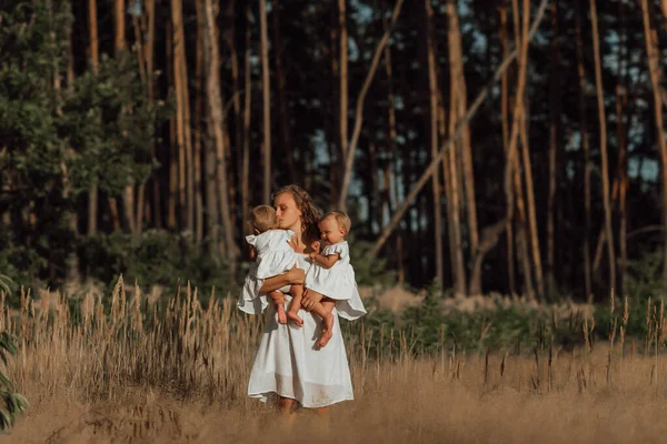 Family Walks Middle Nature Two Children Twin Sisters Mother Holds — Stock Photo, Image