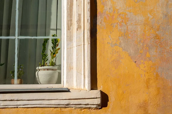 Part of the decoration of the facade of the building and the material from which it is built;  a yellow wall with an old window in which there is a flower pot