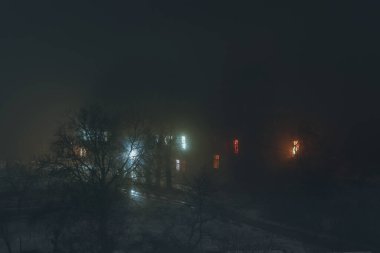 Siste iki katlı bir ev; evde birkaç pencere var; kalın bir sis içinde ağaçların arasında di m; gece manzarası