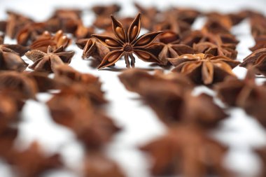 Fragrant spices for preparing drinks and desserts. Food additive in dishes. Brown spices. Spices for making mulled wine. A lot of star anise on a white background close-up