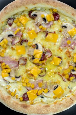 freshly made pizza close-up; details of the pizza application; juicy pizza from the oven with mushrooms, tomatoes and bacon and sprinkled with parmesan cheese