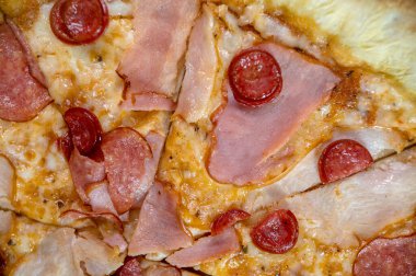 freshly made pizza close-up; details of the pizza application; juicy pizza from the oven with mushrooms, tomatoes and bacon and sprinkled with parmesan cheese