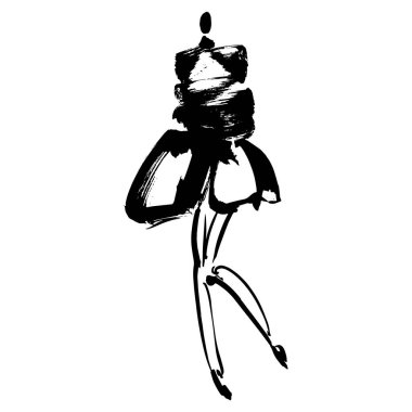 El Çizimi Moda Tasarımcısı İllüstrasyonu. Moda Modeli İllüstrasyonu, Şık Çizim. El çizimi kıyafet görünüşü. Yerleştirme Yazdırma. Kadın modası. Asgari Baskı. Poster baskısı. Beyaz arka planda kadınsı çizimler. Moda Simgesi. Contour sembolü